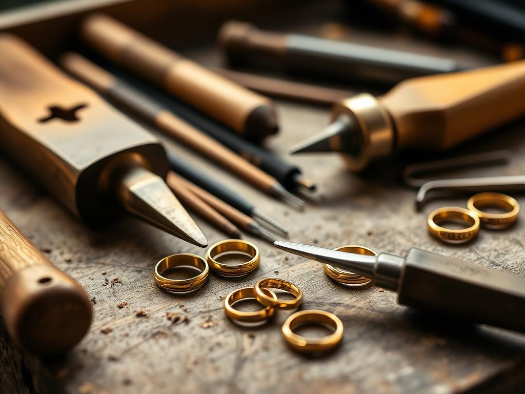 Werkzeuge und Ringe auf der Werkbank einer Goldschmiede