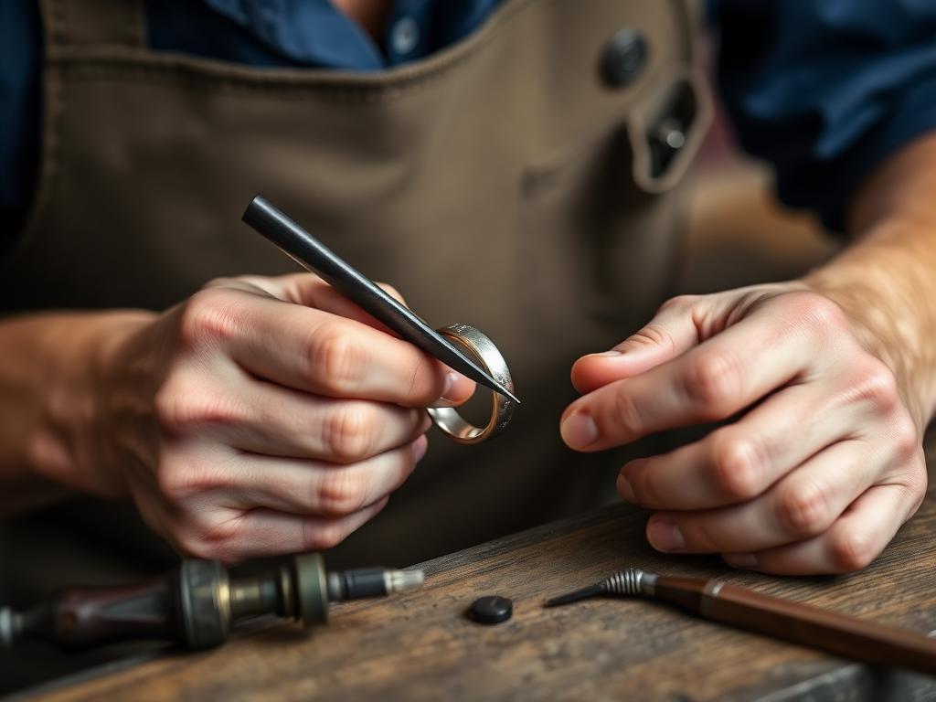 Auszubildender feilt einen Silberring an der Werkbank